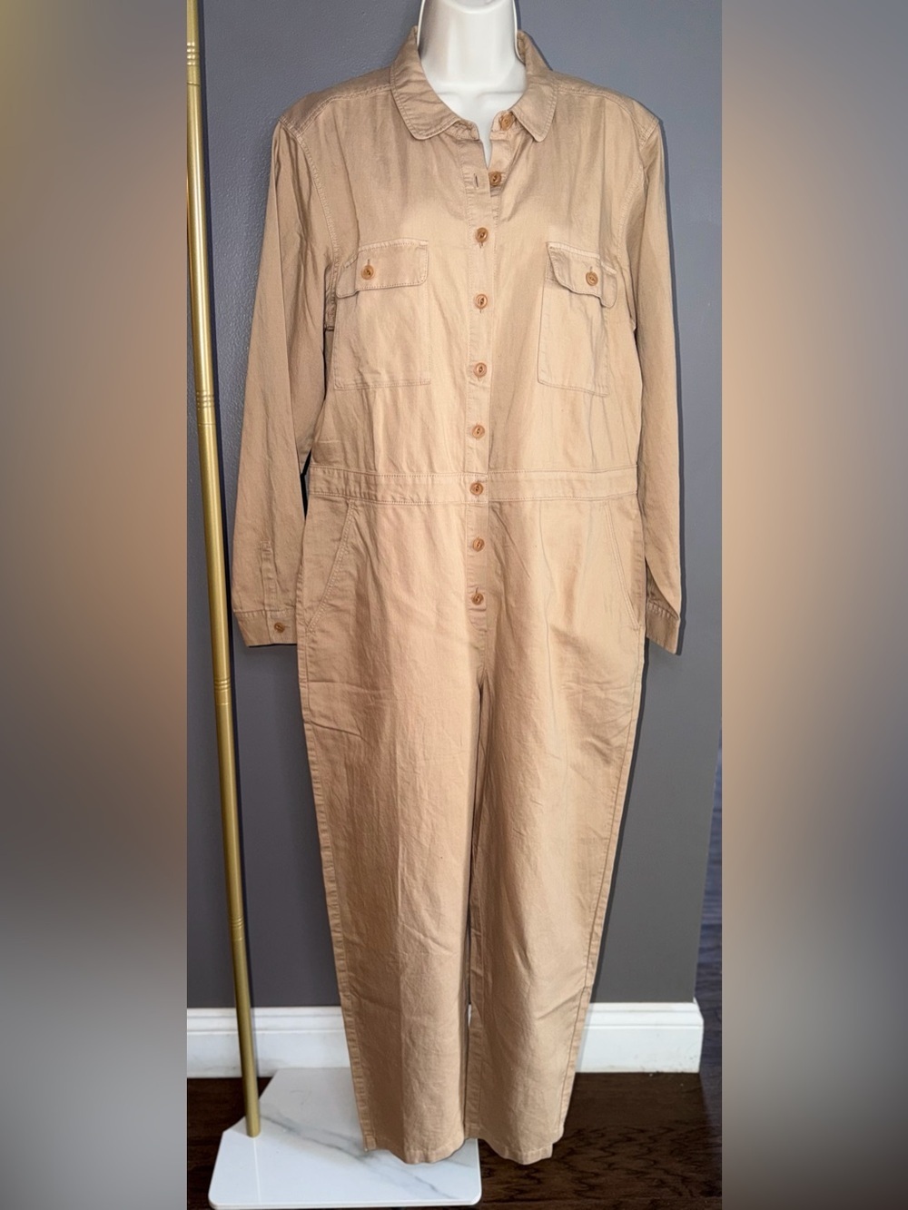 Outerknown NWT Tan Utility Jumpsuit Organic Cotton Linen Luxe Designer Chic L